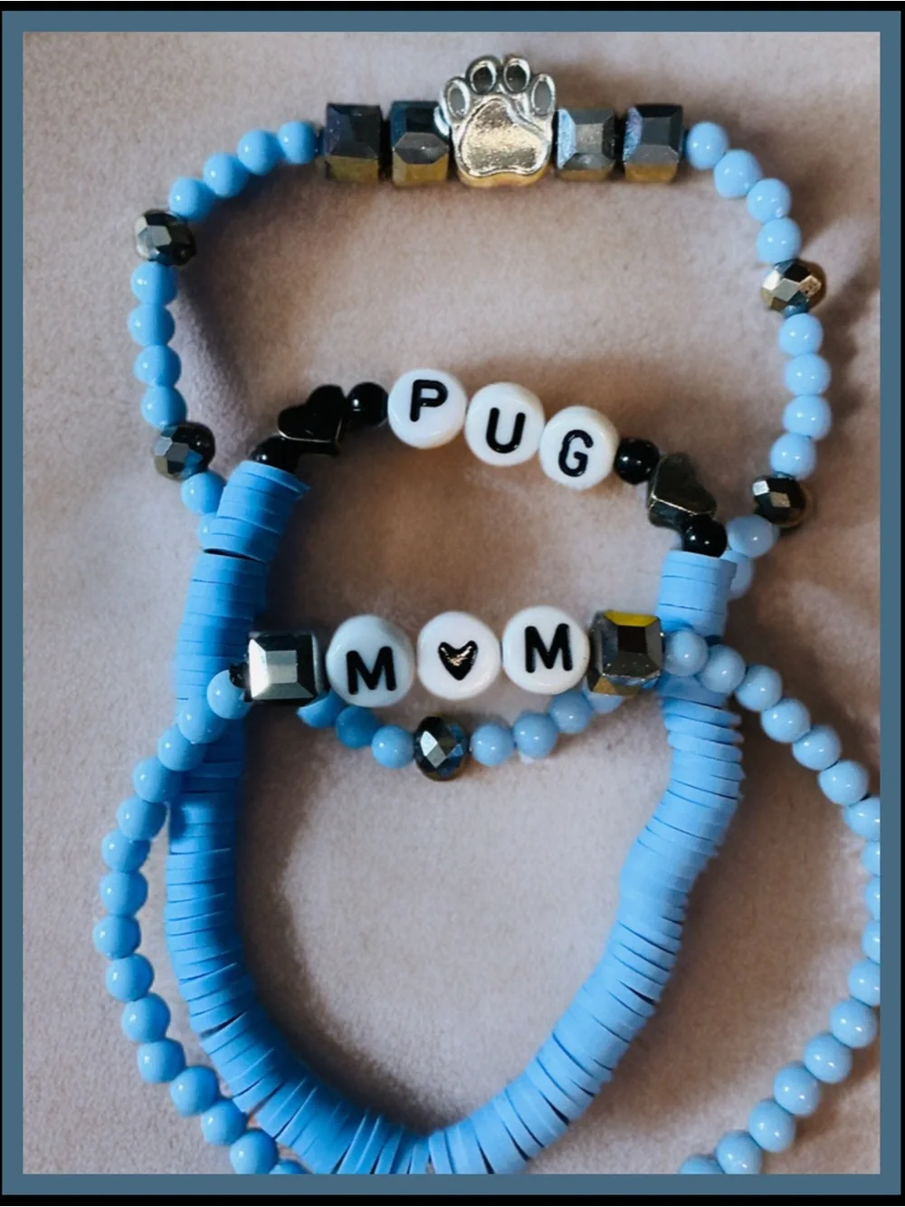 3 piece Pug Mom Paw Beaded Pet Bracelet Set